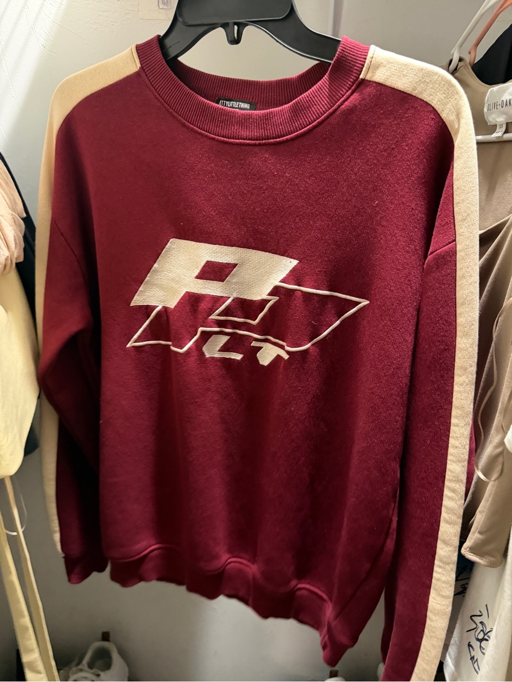 PrettyLittleThing Maroon Crewneck with Cream Stripes